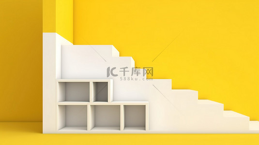 白色窗户和楼梯采用简约的黄色设置 3D 渲染