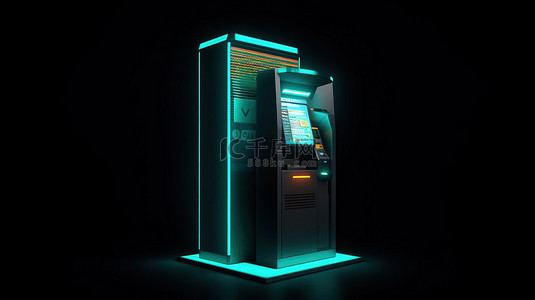 ATM 机在黑色背景下发出体积光的 3D 渲染，银行发放现金