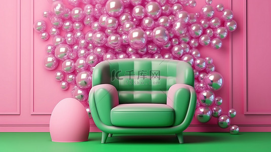 粉色室内设计背景图片_优雅的室内设计，配有粉色扶手椅拱形绿色墙壁和 3D 肥皂泡