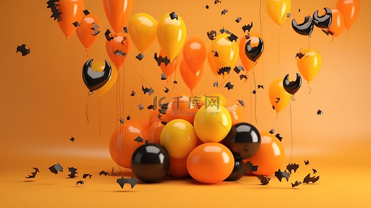 海报宣传传单背景图片_节日万圣节场景彩色气球蝙蝠和橙色 3d 渲染背景上的五彩纸屑