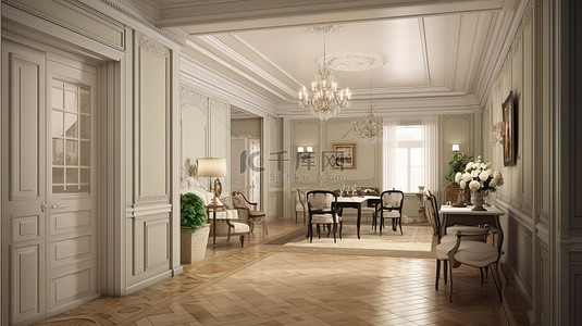 客厅走廊和厨房的古典风格室内 3D 效果图
