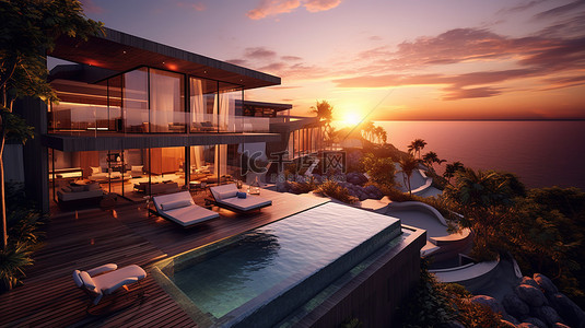 旅游酒店背景图片_豪华海滨别墅的 3D 渲染，享有令人惊叹的日落美景和私人游泳池