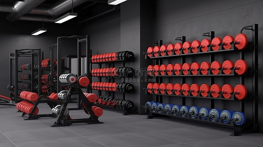 运动训练背景图片_现代健身器材 3D 渲染时尚明亮的运动装备，并展示不同重量的杠铃
