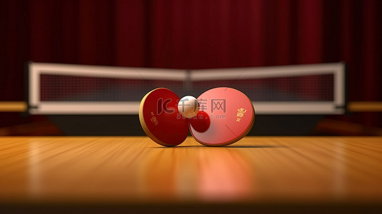 游游戏背景图片_乒乓球拍和带网的球在桌子海报二上的 3D 插图
