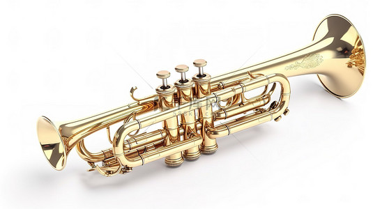 新的黄铜管乐器，采用闪亮的金色金属，隔离在白色背景 3D 渲染中