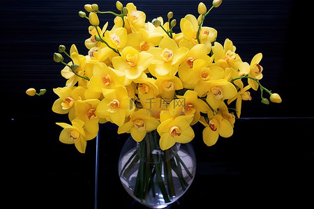 黄色兰花背景图片_玻璃花瓶里的一些黄色兰花
