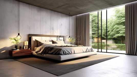 时尚时尚的现代卧室，配有大窗户混凝土墙和毛绒地毯 3D 渲染