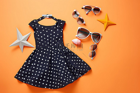 橙色背景中的裙子和太阳镜，上面有星星飞行玩具和纸飞机
