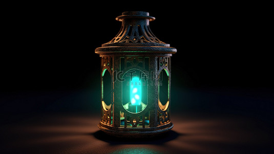 发出加密货币光芒的深色卡尔达诺灯笼的体积 3D 插图渲染