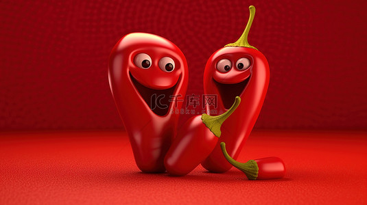 充满活力的红色背景下卡通红辣椒的 3D 渲染