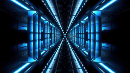 发光的蓝色背景图片_由发光霓虹灯线照亮的闪闪发光的蓝色十字形隧道的辐射 3D 插图