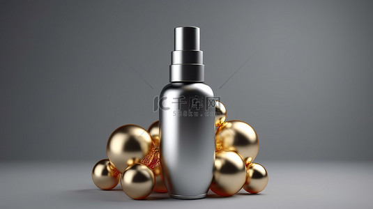 金属球上平衡的化妆品滴管瓶的 3D 插图渲染
