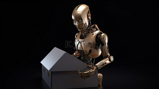 物流科技背景图片_3d 渲染的机器人或交付机器人配备了用于交付的纸板箱