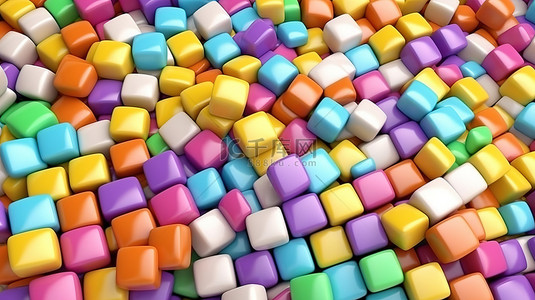 果冻黄色背景图片_充满活力的方形糖果排列在彩色图案顶视图背景中 3D 插图
