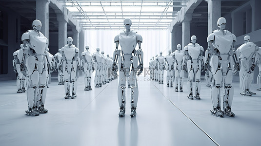 机器人工厂背景图片_在 3D 渲染的白色工厂中组装机器人