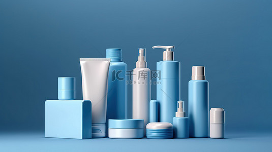 白色和蓝色背景下化妆品和容器的 3D 插图
