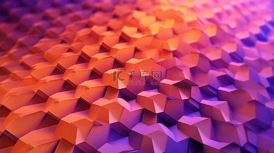 紫色角花背景图片_六角金字塔 3D 结构，具有柔和的紫色到橙色渐变抽象背景几何 3D 渲染