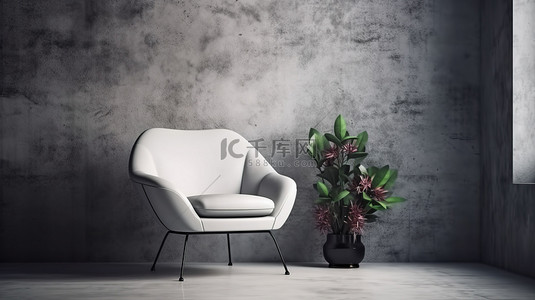 真皮黑色背景图片_现代白色皮椅，光滑的黑色主体和金属腿靠在混凝土墙和花盆背景上，非常适合室内家具销售