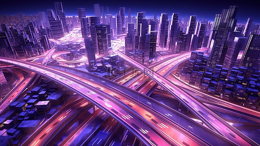 虚拟宇宙城市高架公路的 3D 渲染