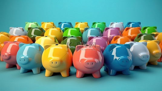 3D 渲染中不同颜色和尺寸的各种存钱罐