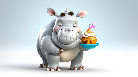 幽默的 3D 犀牛人物，手里拿着纸杯蛋糕