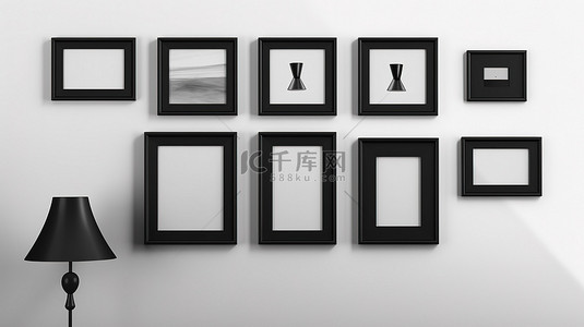 黑色椅子背景图片_墙壁上装饰着一系列时尚的黑色相框，以数字方式渲染