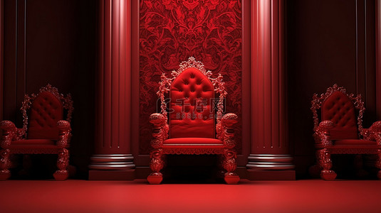 皇家后花园背景图片_富丽堂皇的红色皇家椅子和豪华王座的 3D 渲染适合国王，红地毯引领道路