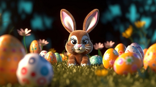 复活节兔子耳朵和雏菊花的 3D 插图，用复制空间装饰复活节彩蛋
