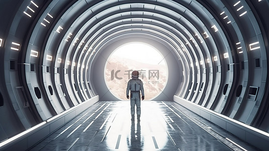 孤独的宇航员从未来太空走廊 3D 渲染中调查地球
