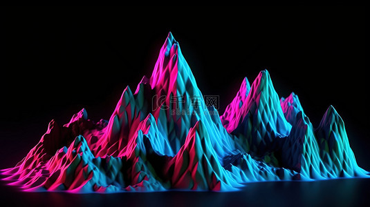 黑色背景在 3D 插图中提升了不同大小的霓虹蓝粉红色山脉