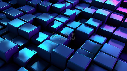 黑色背景下蓝色和紫色块的抽象 3D 渲染