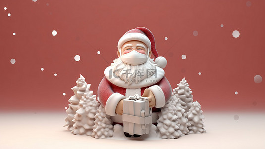 节日圣诞老人戴上面具，拿着横幅，非常适合节日贺卡横幅和标签 3D 卡通风格插图