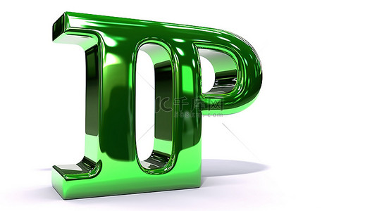 白色背景上的 3D 渲染绿色镀铬光泽小写 p