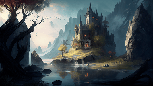 三维场景插画背景图片_游戏虚幻世界城堡背景