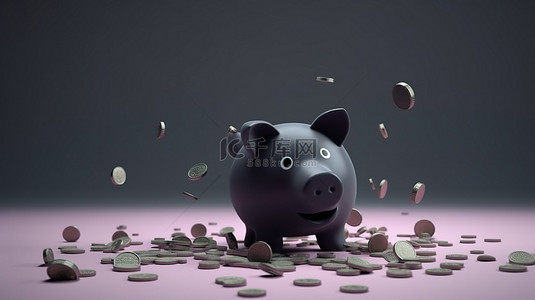 动物牛储蓄罐背景图片_储钱罐硬币和金钱的象征性 3D 渲染，描绘储蓄减少