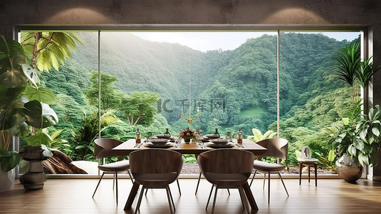 享有全景自然景观的豪华客房的高级用餐体验 3D 渲染