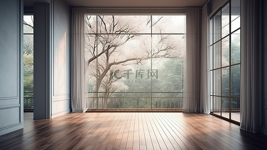 客房背景图片_豪华现代客房配有木地板和树木背景的 3D 渲染，设有宽敞的阳台大窗户和门