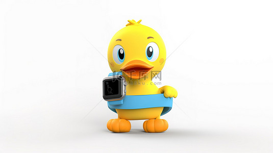 卡通手表背景图片_白色背景的 3D 渲染，其中有一个可爱的卡通鸭子吉祥物，戴着蓝色健身追踪器