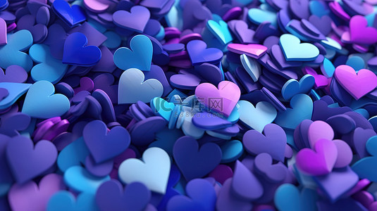 心形蓝色背景图片_浪漫的 3D 渲染情人节心形蓝色和紫色背景的抽象插图