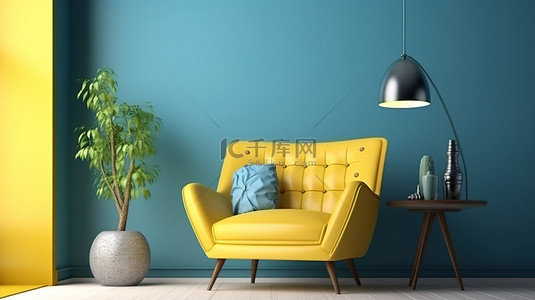 古典与现代背景图片_现代与古典客厅内部的优雅融合，配有黄色扶手椅木地板和 3D 渲染的蓝色墙壁