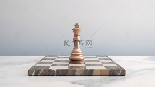 白色大理石讲台上的青铜国际象棋符号是网站社交媒体演示和设计模板 3D 渲染的完美图标