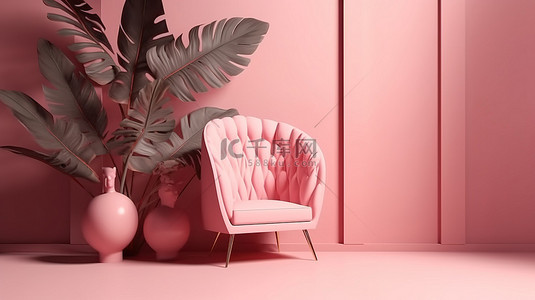 柔和的粉红色 3D 讲台，配有扶手椅花朵和棕榈叶阴影