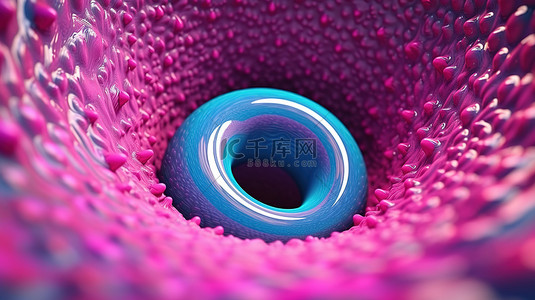 穿越蓝色虫洞的旅程，带有充满活力的粉红色指南，迷人的 3D 渲染
