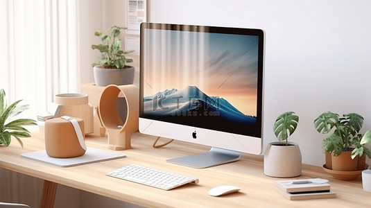 木桌上台式电脑的 3D 渲染，配有模型屏幕文具和相机