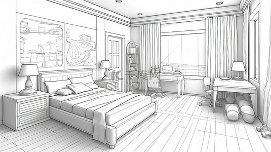 卧室样机背景图片_儿童领域以 3D 轮廓和草图可视化儿童房间