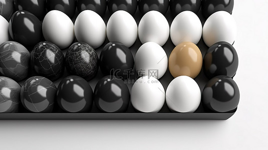 白色背景上带有对比鲜明的黑白复活节彩蛋的鸡蛋面板是 3D 渲染中的圣诞节简约概念