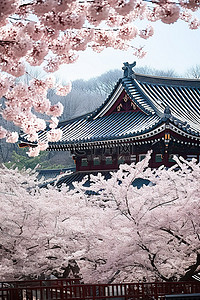 首尔曹校门寺及其盛开的樱花树