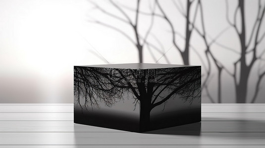 贴纸样机背景图片_白色桌子上带有树影的黑色木箱模型的 3D 渲染