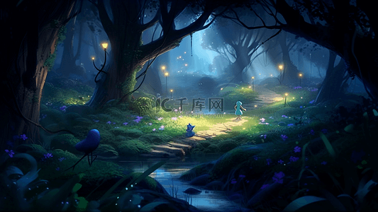 梦幻蘑菇背景图片_森林蓝色梦幻背景