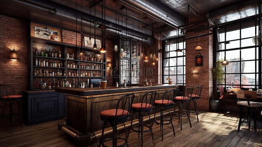 酒吧设计背景图片_阁楼风格的酒吧设计与 3D 渲染